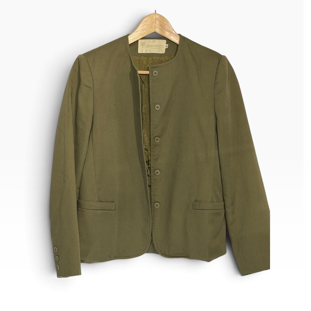 Vintage John Meyer Olive Green Minimalist Structured Collarless Blazer Jacket 8